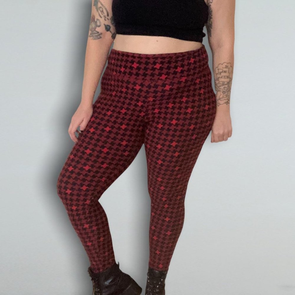 Serra Retro Houndstooth Skinny Stretch Leggings Black and Red XL